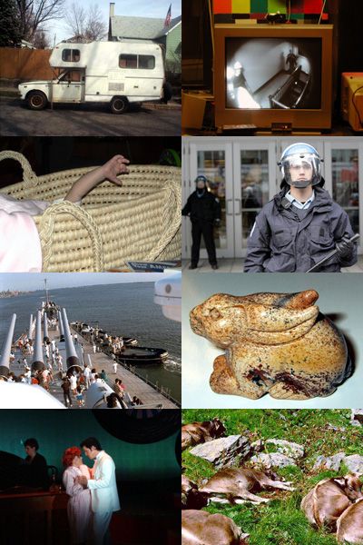 a collage of eight images: a small mobile camper, a security monitor, a baby's arm reaching out of a rush basket, a riot copy, touists on a battleship, a stone rabbit, two people of distinctly different ages dancing in a spotlight, cows sleeping in an alpine meadow