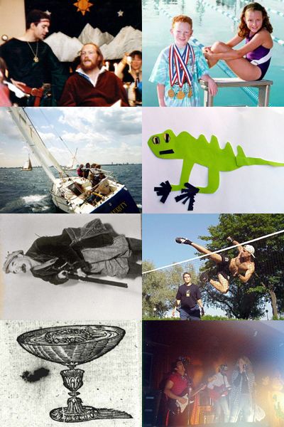 a collage of eight images: two men in a theater production, two very successful swimming children, a sailboat tilting on water, a paper iguana, a black and white photo of a hunter in tweeds, a shirtless man performing a very high kick, a woodcut of a chalice, a poorly developed photo of a rock band performing