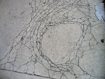 sidewalk cracked in such a way that there are many many thin cracks around a large, blank, oval spot in the middle