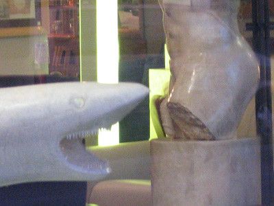 it looks as though the marble shark is going to bite the very large penis of the legless marble torso
