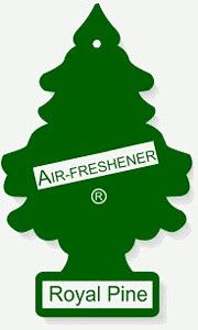 a green, tree-shaped air-freshener with the legends "Air-freshener" and "Royal Pine"