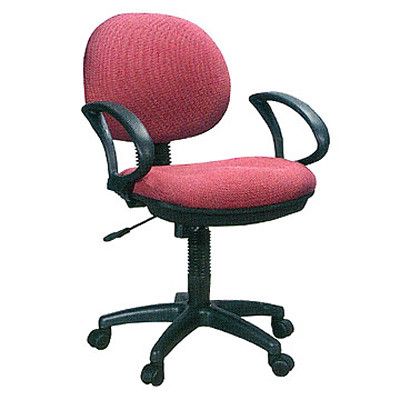 a fairly standard red office chair with a rounded back and black, plastic arms