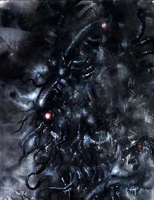 black tentacles and a red eye