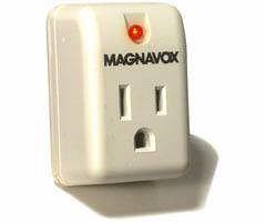 an American electrical outlet with a red light and the word "MAGNAVOX"
