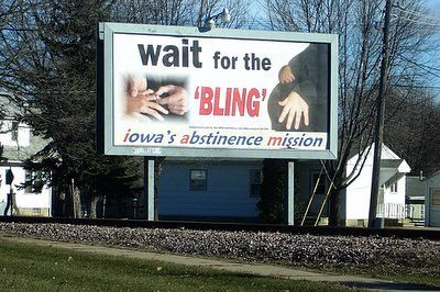 a billboard which reads "wait for the 'bling' -- iowa's abstinence mission"