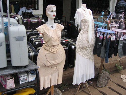 white mannequins with exceedingly wide hips
