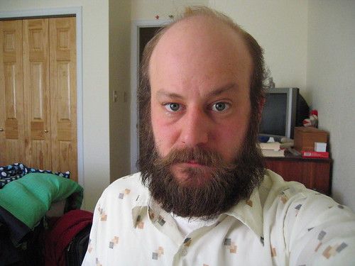 the bearded author raising a single eyebrow; in the background: a sock monkey