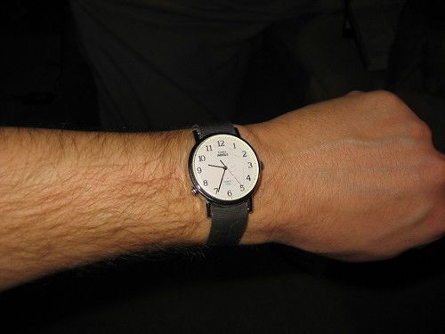 the author's left arm with a wristwatch on it