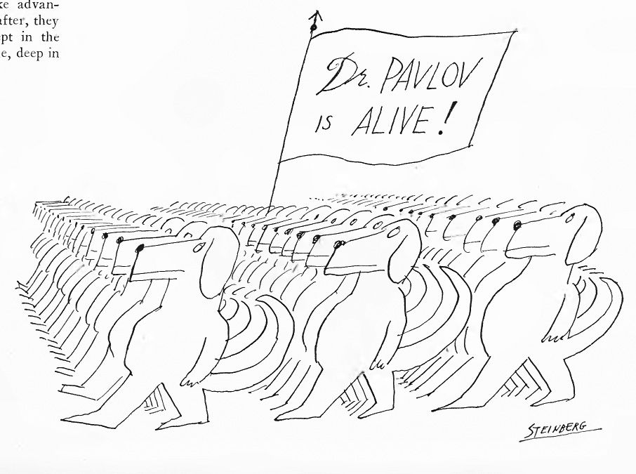 a legion of dogs marching left and arrying a sign which reads "Dr. Pavlov is ailve!"