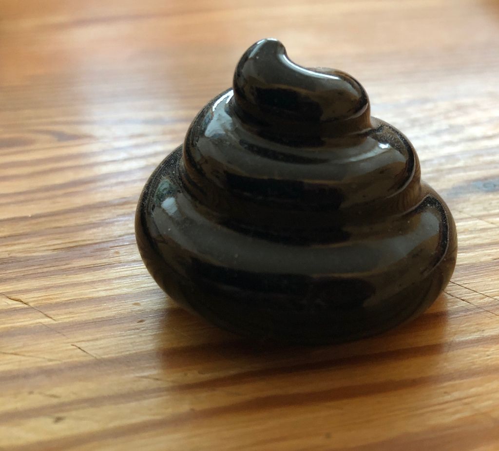 a color image of a swirly, glossy, black, porcelain turd