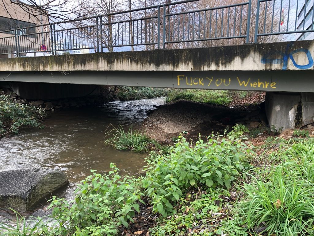 a small brook with a small, flat bridge over it. someone has spray-painted, in yellow, the words "FUCK YOU Wiehre" onto the bridge's supporting girder.
